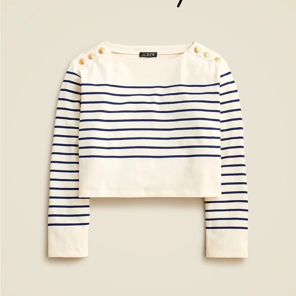 J.Crew Cropped Boatneck Mariner Stripe Tee w/ Gold Buttons